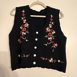 Women's Flower Embroideried Black Sweater Vest